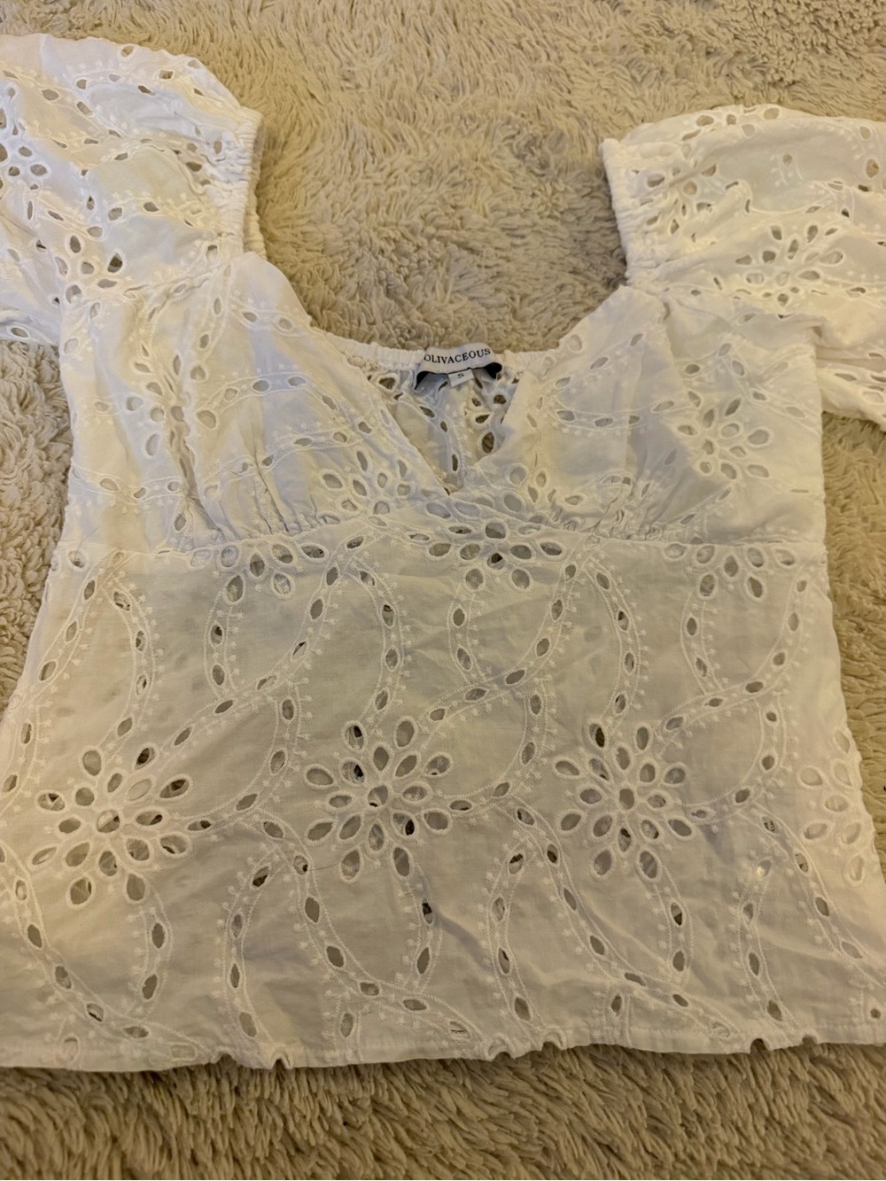 Olivaceous White Eyelet V-Neck Puff Sleeve Top